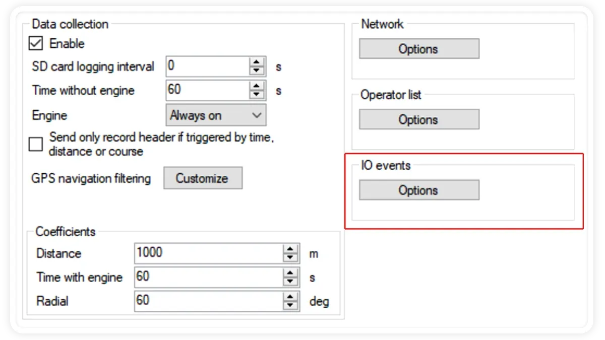 Ruptela configurator IO events options control