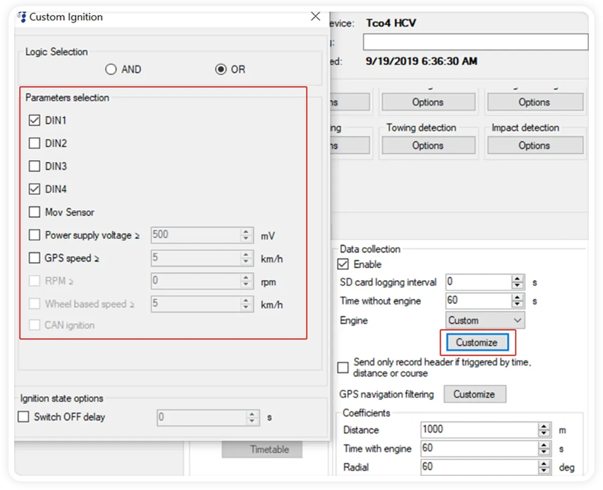 Ruptela Custom Ignition configuration window
