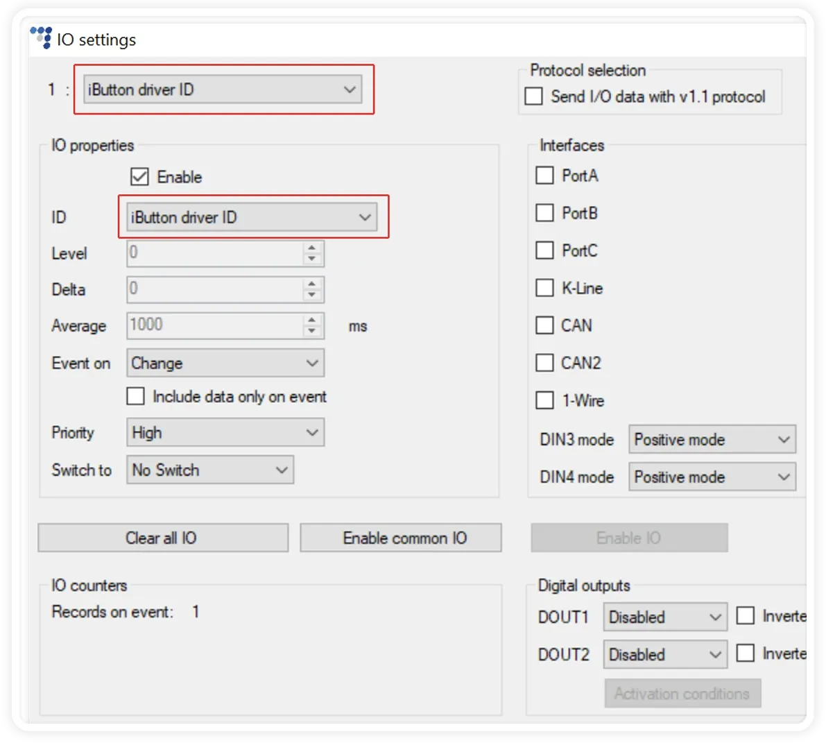 Selecting iButton driver ID in the Ruptela configurator