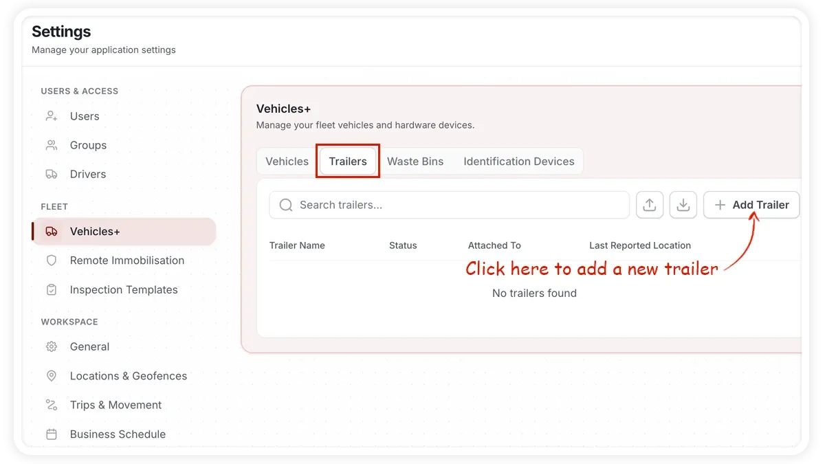 AVLView Settings Trailers screen with the Add new trailer button