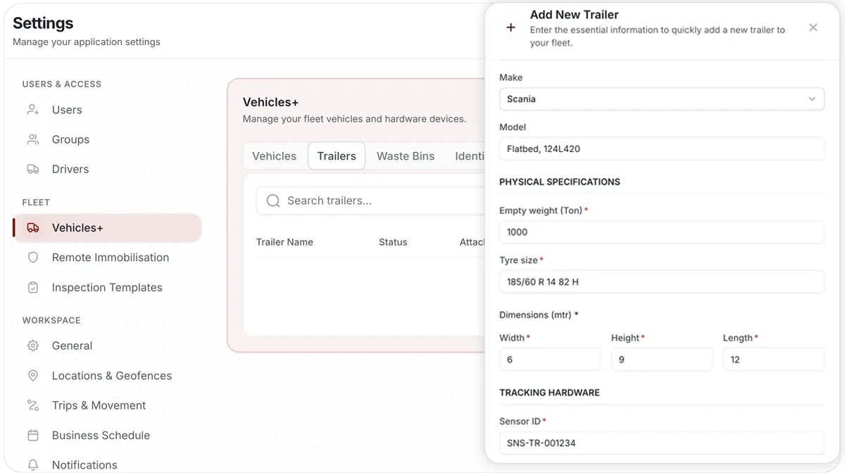 AVLView Add trailer details form with temperature sensor ID field