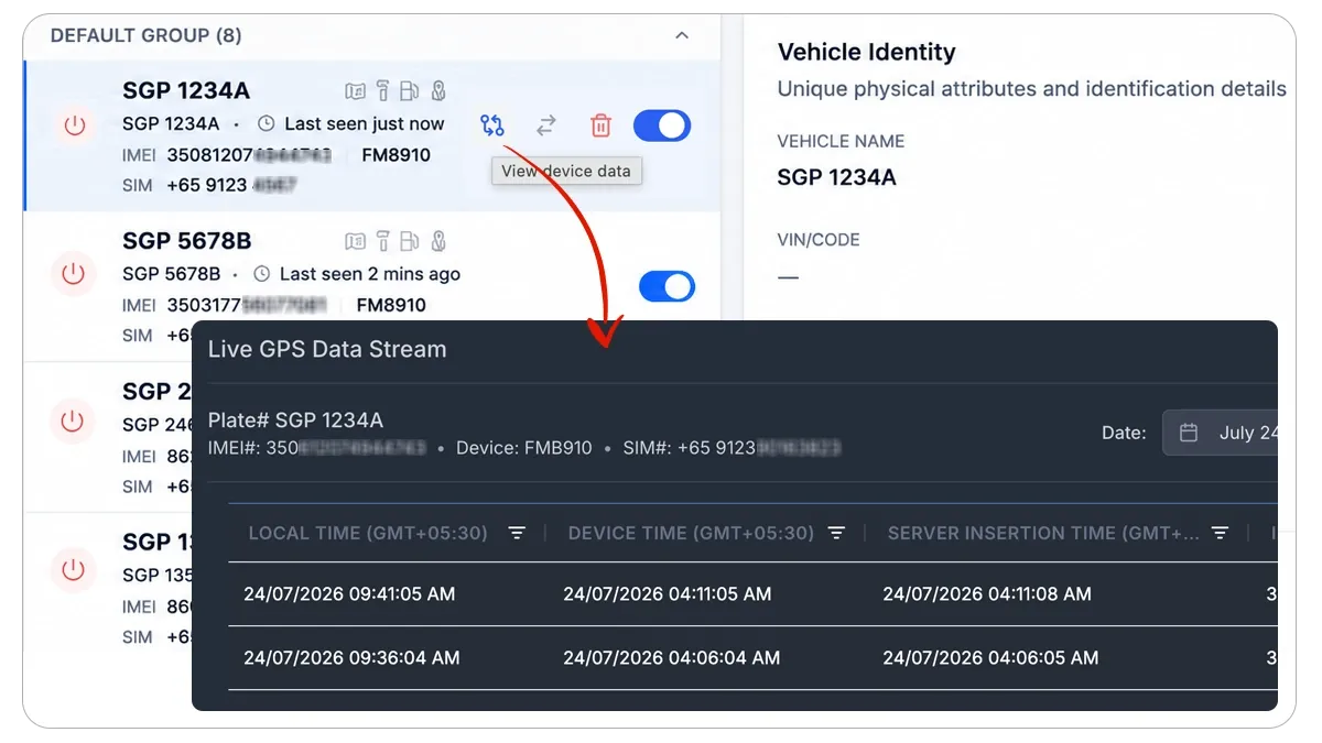 Partner portal device data confirming GT06 visibility