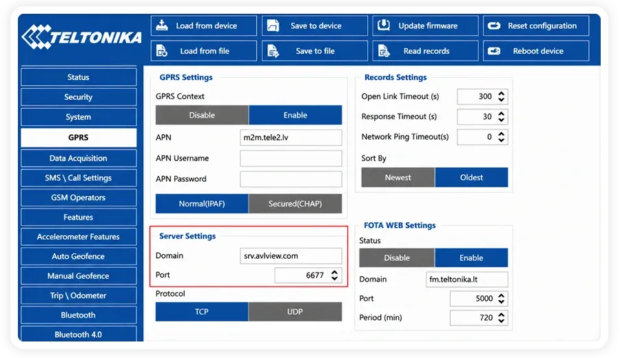 تبويب GPRS يُظهر نطاق خادم AVLView والمنفذ