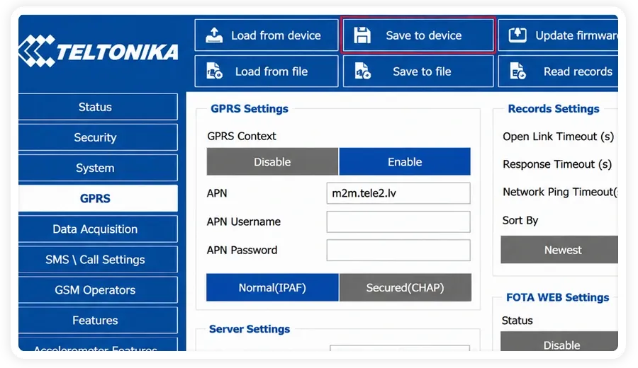 تبويب إعدادات Data Acquisition في Configurator