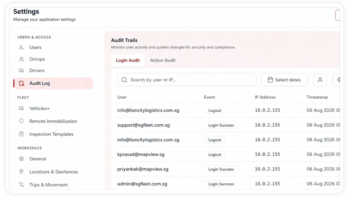 AVLView Settings Audit Log showing login and action records with filters and export.