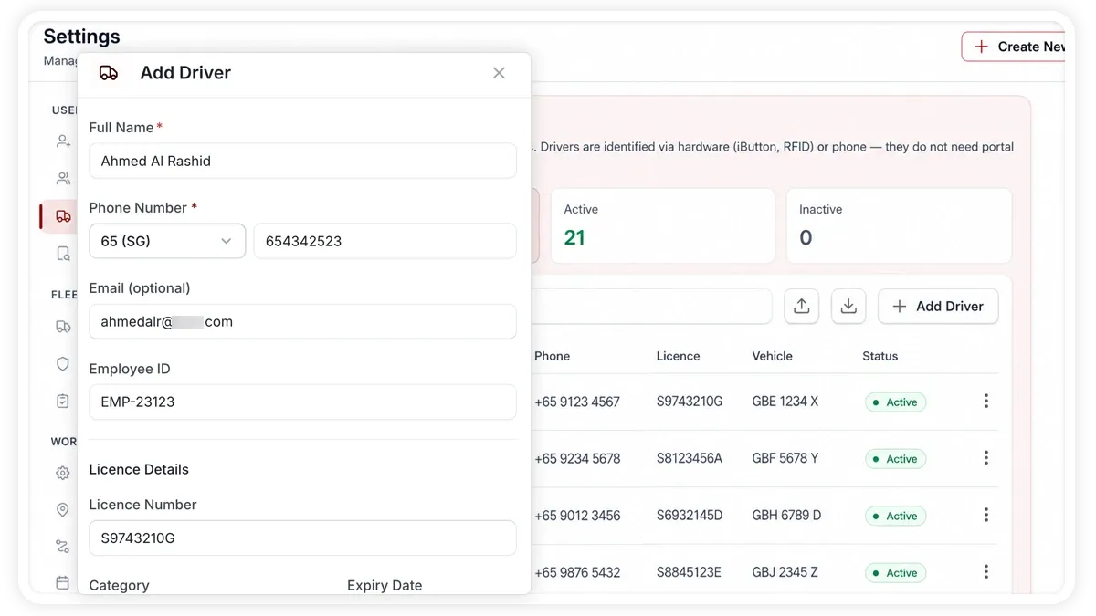 AVLView add-driver form showing name, phone, and licence fields.