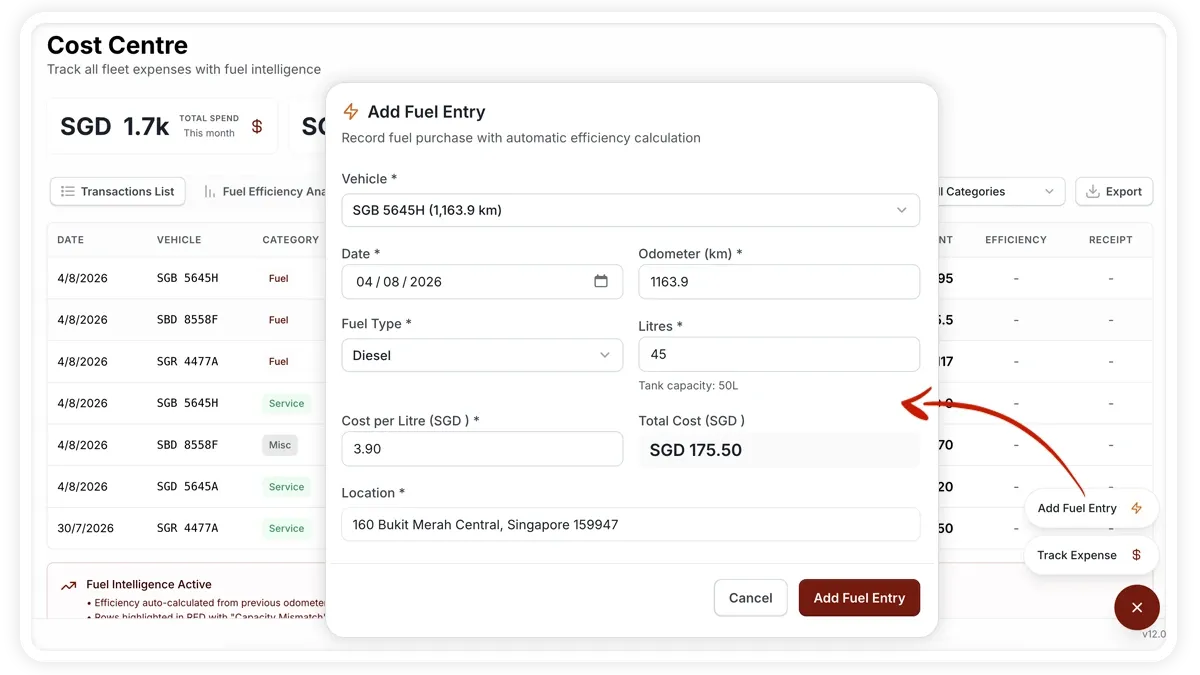 نافذة Add Fuel Entry في AVLView مع حقلي اللترات وسعر اللتر.