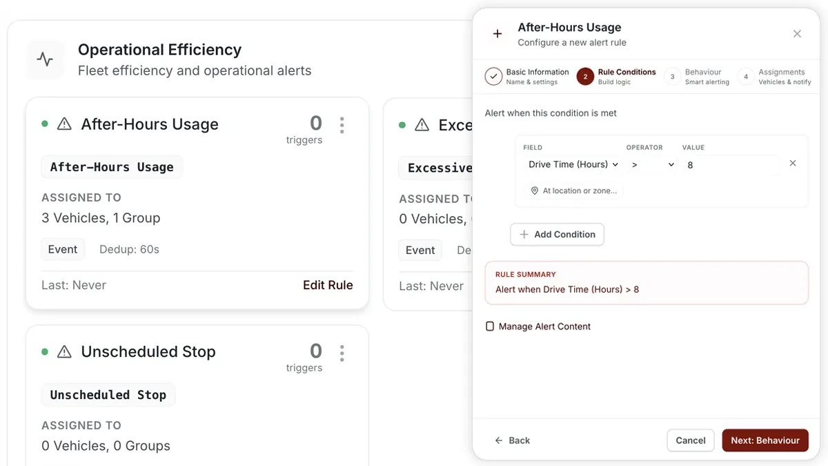 AVLView rule builder showing an after-hours usage and daily driving limit alert.