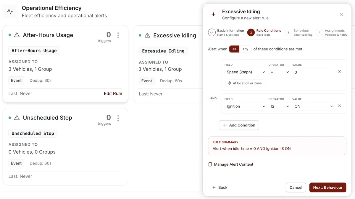 AVLView rule builder configuring an excessive idling condition with a 15-minute idle-time limit.
