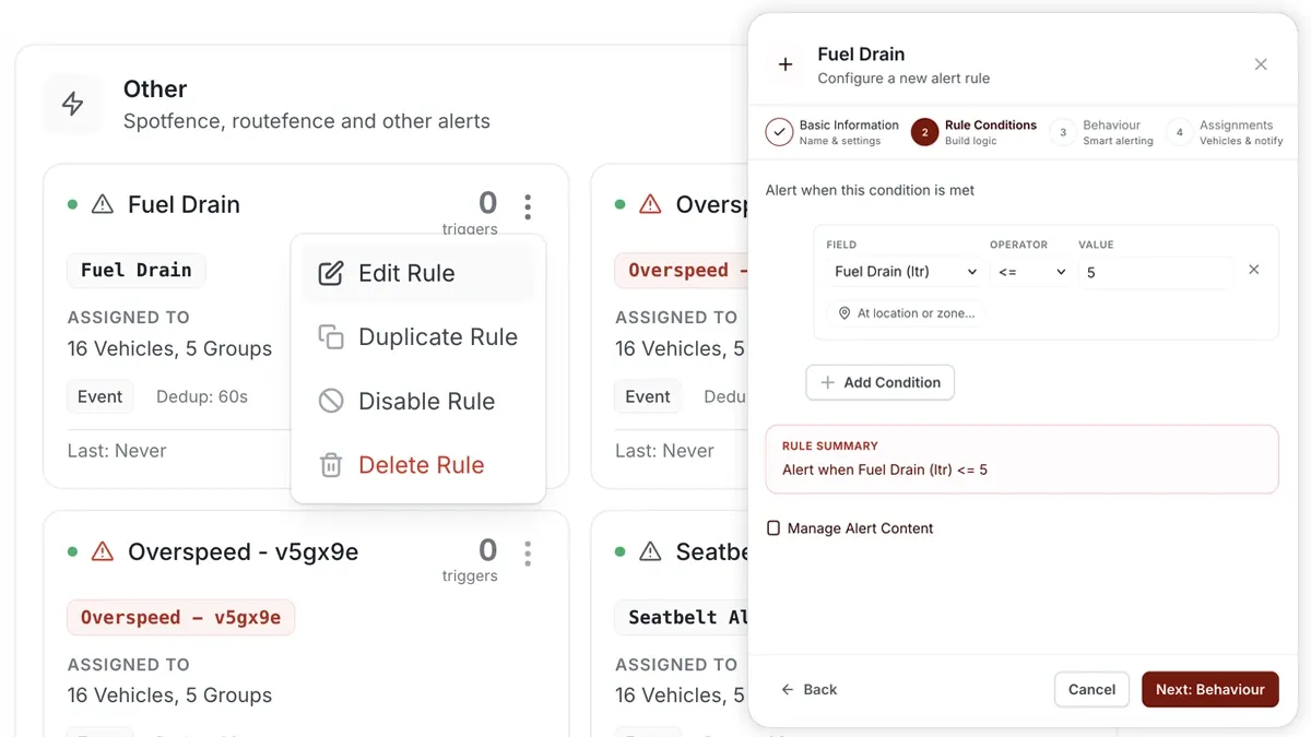 AVLView rule builder configuring a fuel drain and theft alert.
