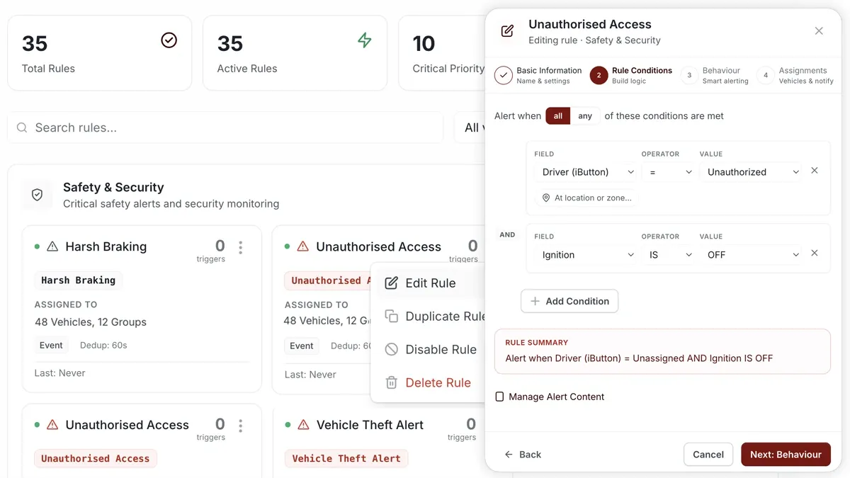 AVLView rule builder configuring an Unauthorised Access safety alert.