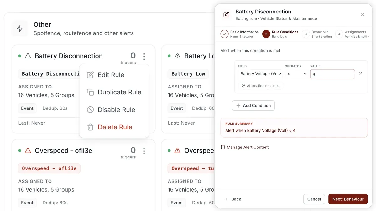 AVLView rule builder showing a Critical battery power disconnect alert.