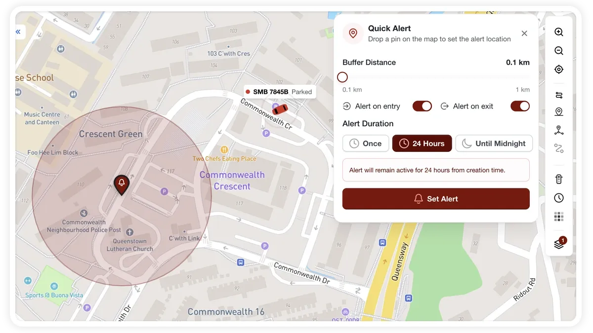 AVLView rule builder showing a proximity alert with a POI buffer radius.