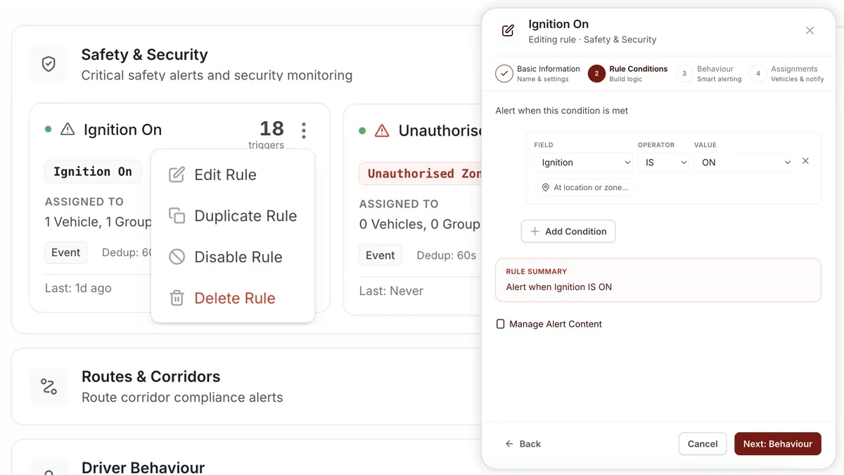 AVLView rule builder configuring an ignition on/off alert.