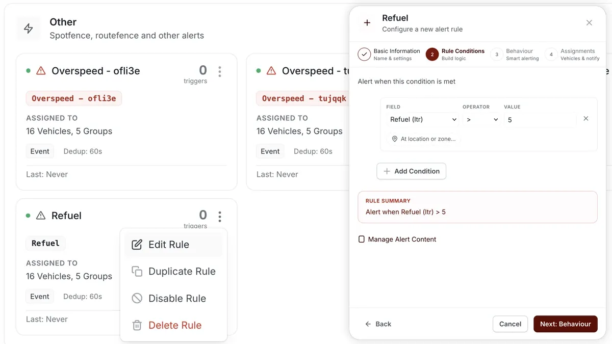 AVLView rule builder configuring a refuel condition based on a sharp fuel-level rise.