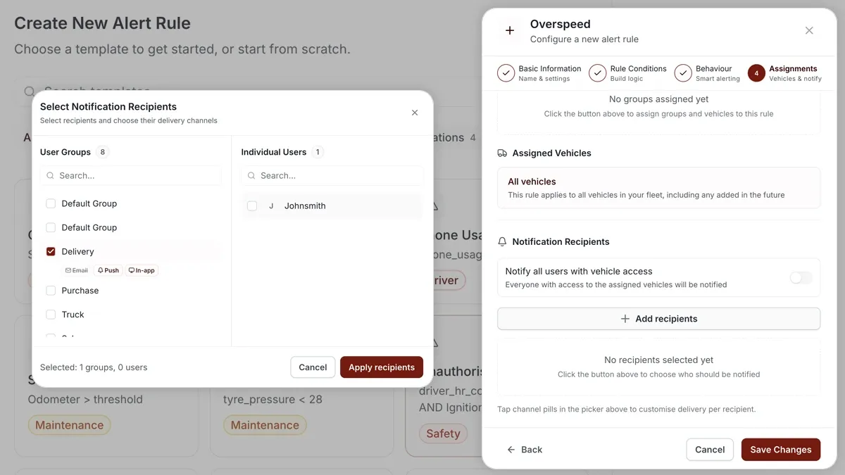خطوة إشعارات قاعدة تنبيه AVLView مع خيارات قنوات In-App وPush وEmail وSMS.