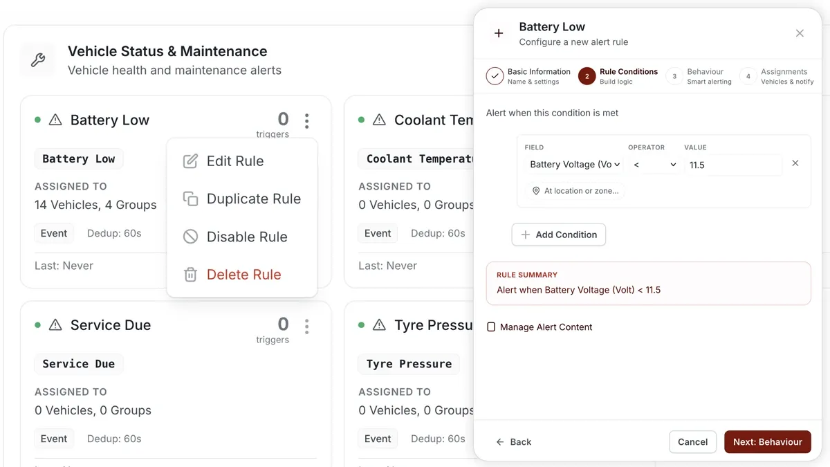 AVLView Alerts rule builder configuring a low-battery voltage condition.