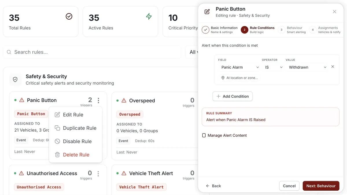 أداة إنشاء قواعد Alerts في AVLView أثناء إعداد تنبيه Panic Button للسلامة.