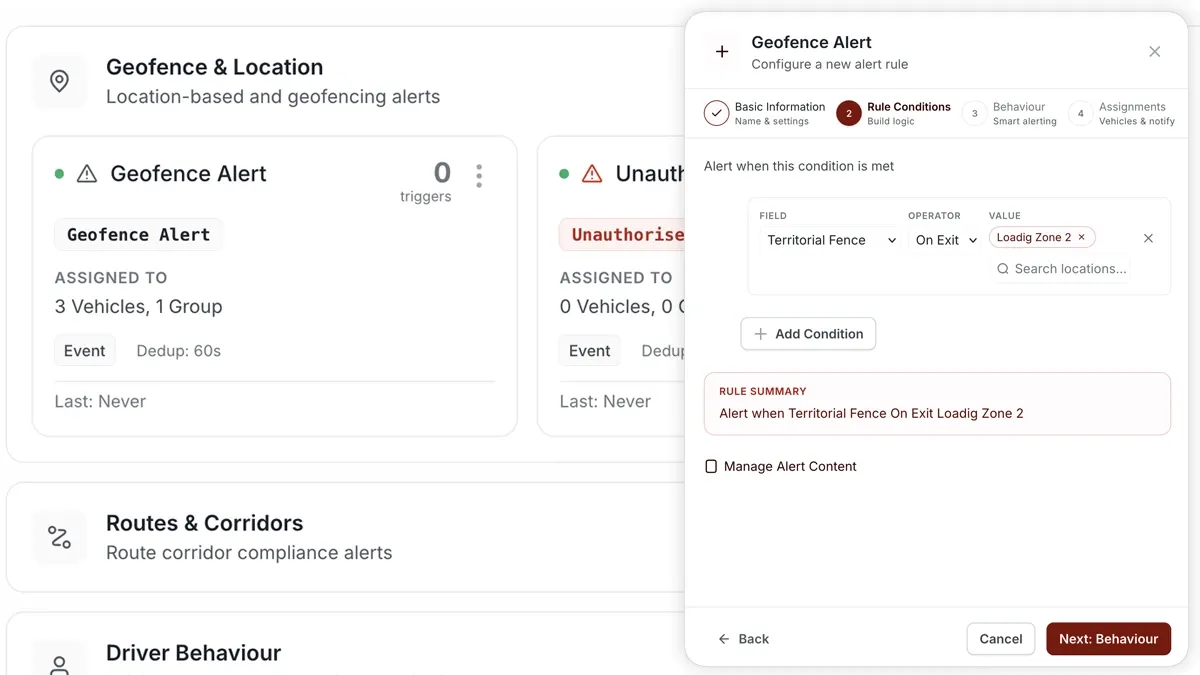 AVLView Alerts rule builder configuring a Spotfence arrival condition.