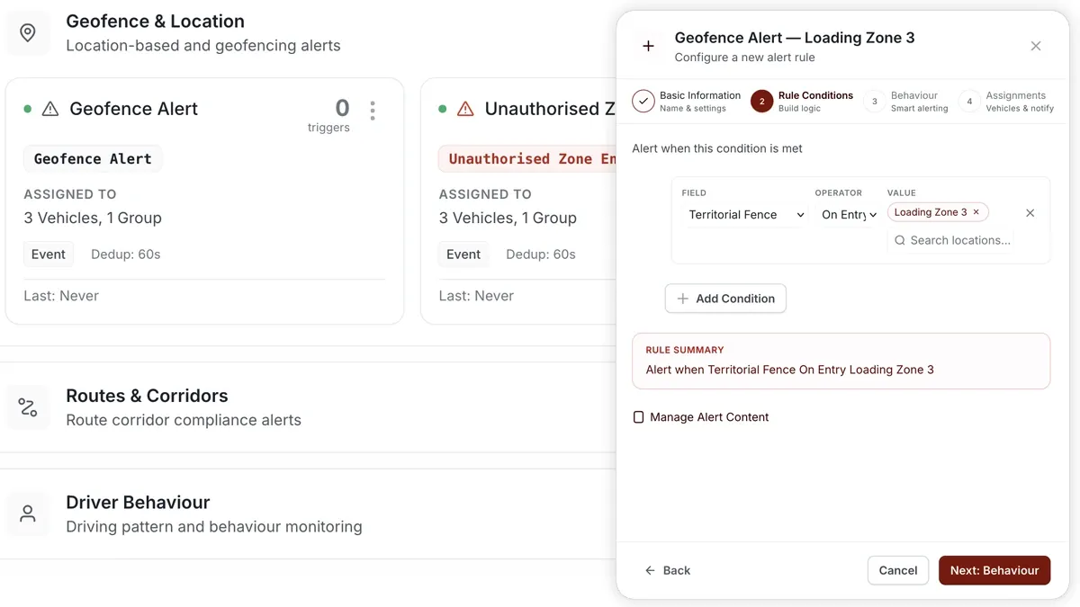 AVLView Alerts rule builder configuring a Route Deviation alert.