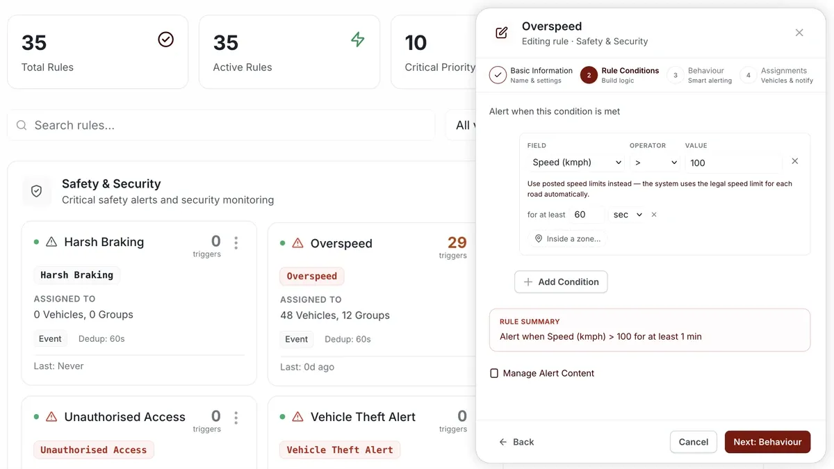 AVLView Alerts rule builder configuring a speeding condition.
