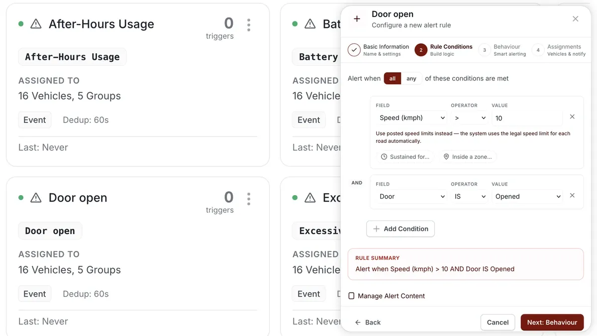 أداة إنشاء قواعد Alerts في AVLView أثناء ضبط تنبيه فتح أو إغلاق الباب.