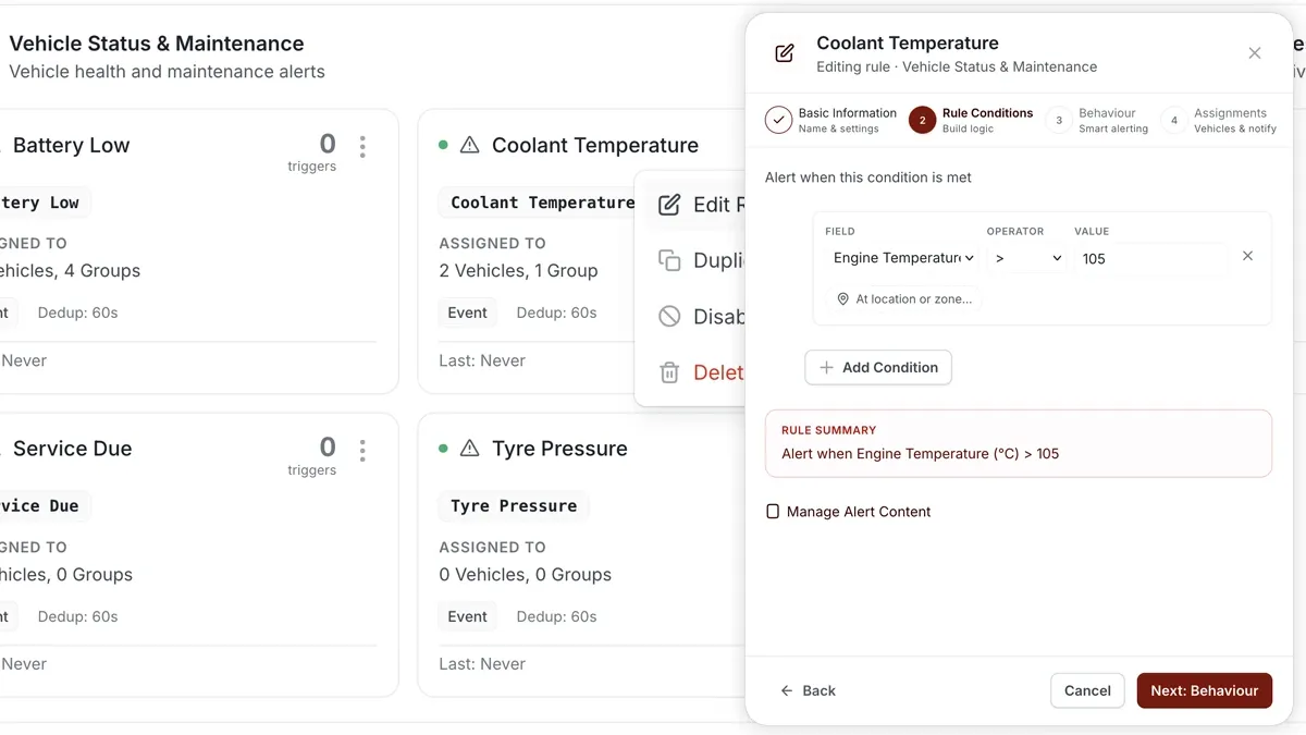 AVLView Alerts rule builder setting a temperature threshold alert.