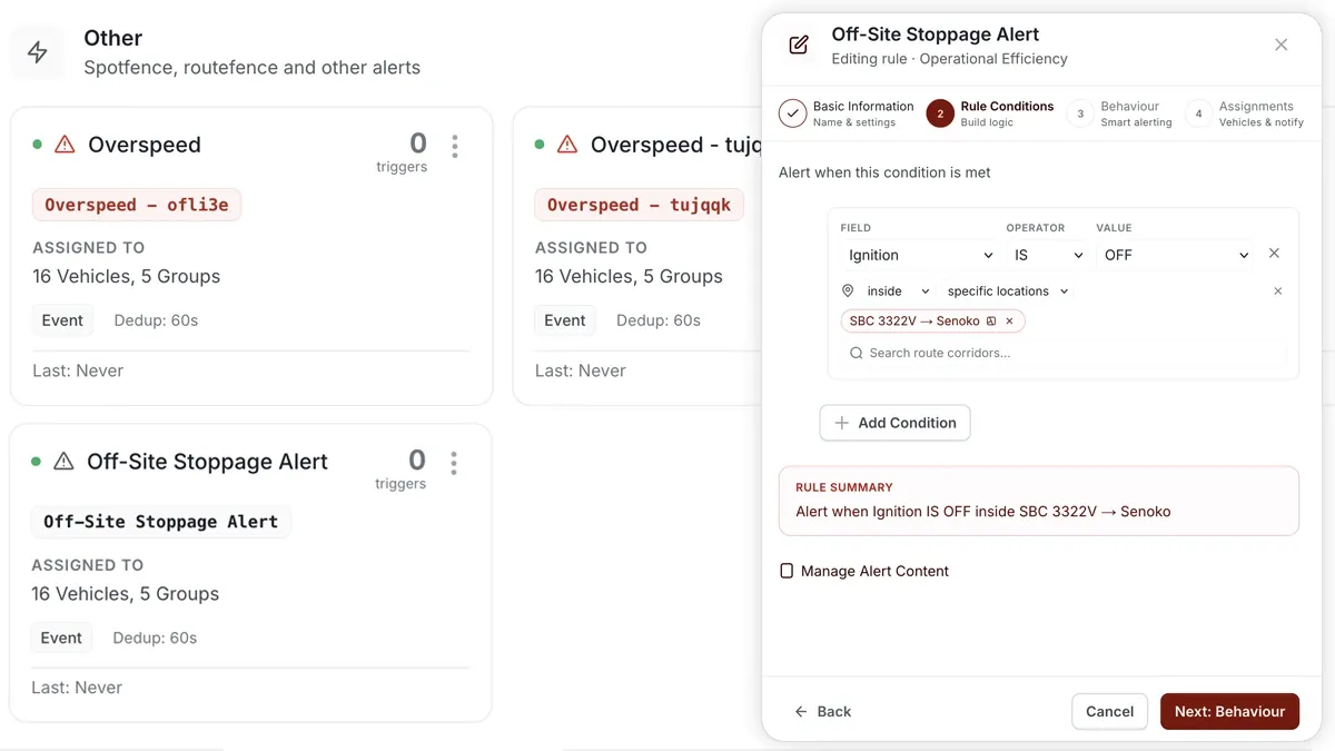 AVLView Alerts rule builder configuring an off-site stoppage condition.