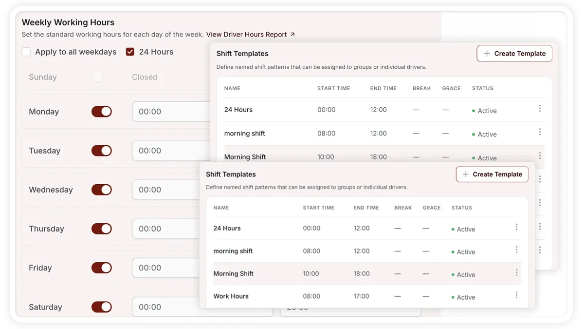 AVLView Business Schedule showing weekly working hours, holiday schedule, and shift templates.
