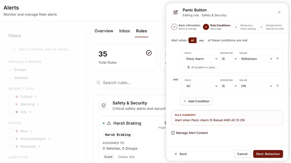 AVLView alert rule builder showing the Conditions step with an operator and value.