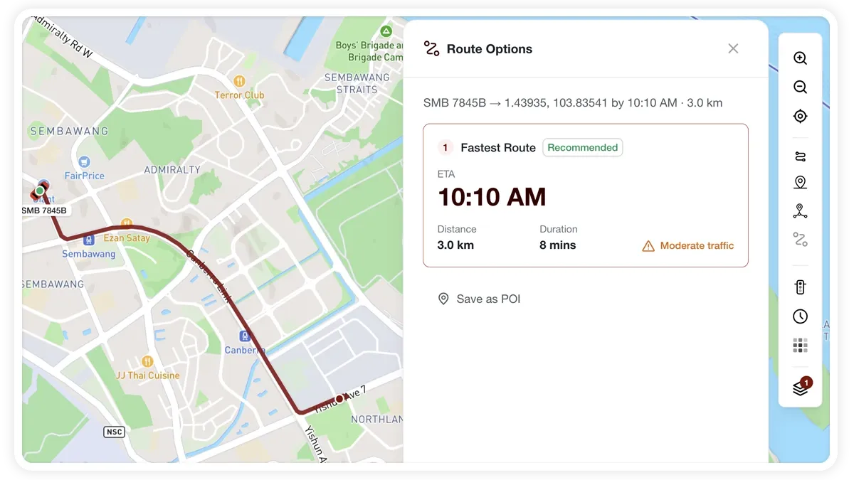 MapView directions Route Options panel showing ETA, distance, duration, and live traffic level.