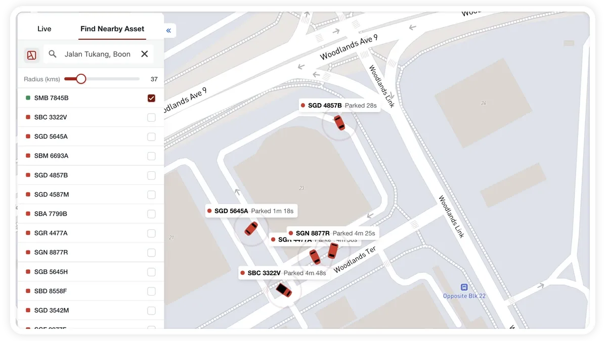 MapView Find Nearby tab listing vehicles within a set radius of a location.