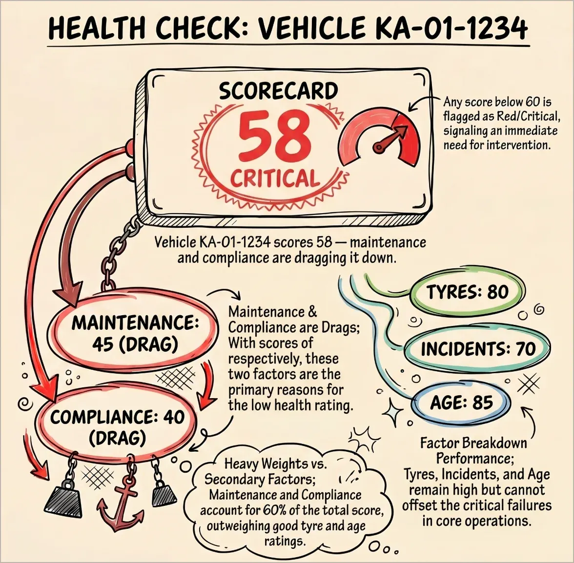 Vehicle KA-01-1234 scores 58 — maintenance and compliance are dragging it down.