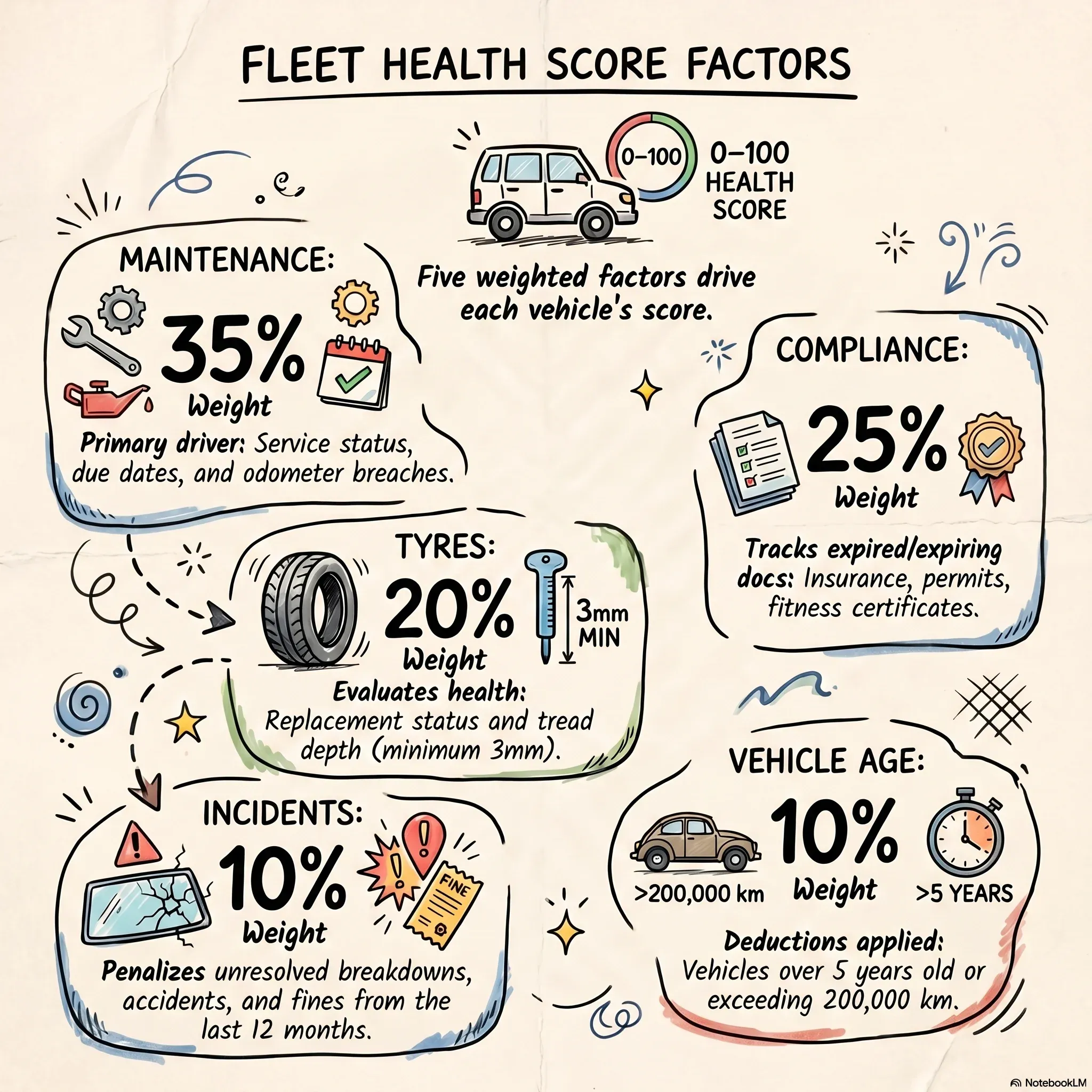 Five weighted factors drive each vehicle's score.