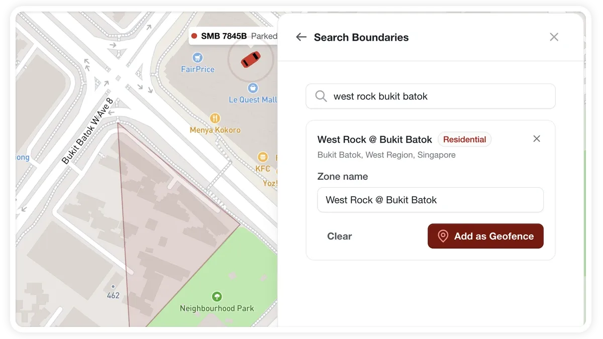 AVLView geofence boundary search with a matching place boundary selected.