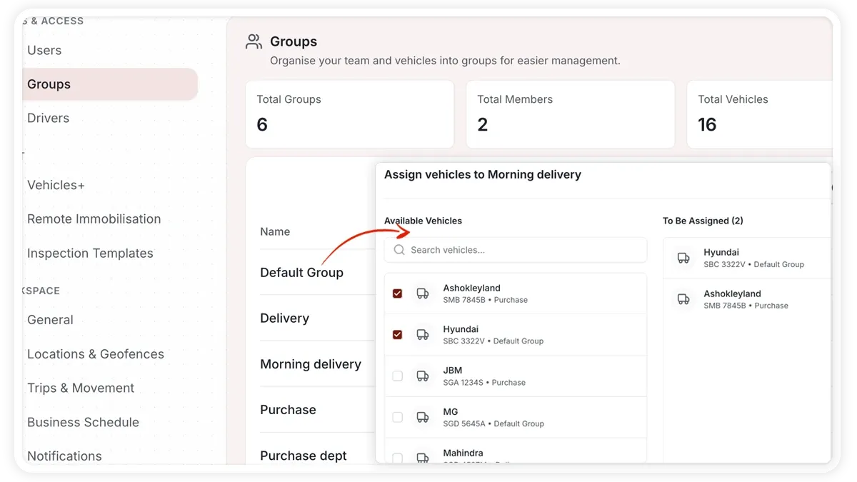 AVLView group Vehicles tab showing a vehicle being reassigned to a different group.