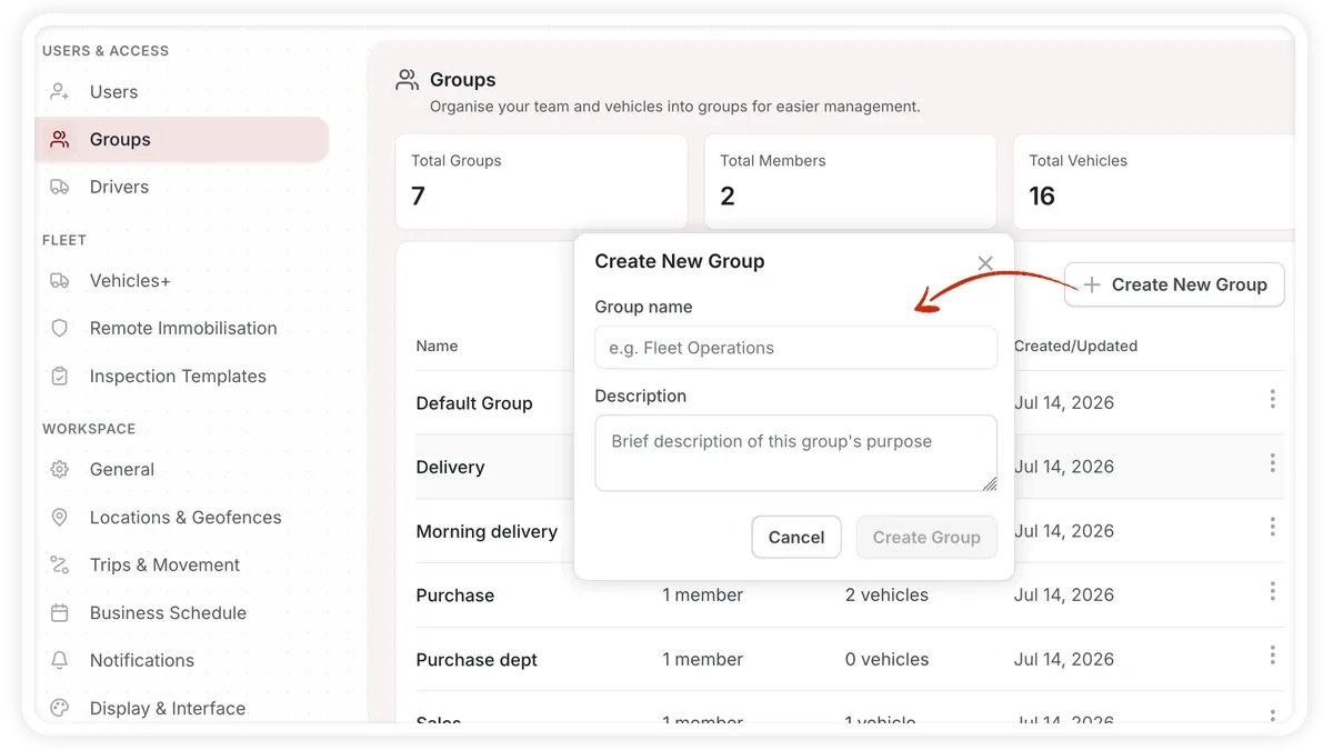 إعدادات المجموعات في AVLView تُظهر مجموعة مع علامات تبويب Members وVehicles وPermissions.