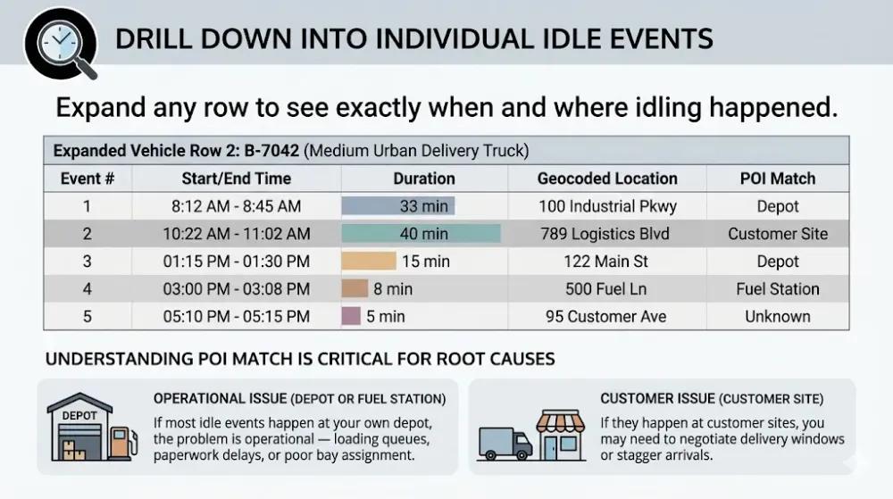 Expanded vehicle row showing individual idle events with timestamps and locations