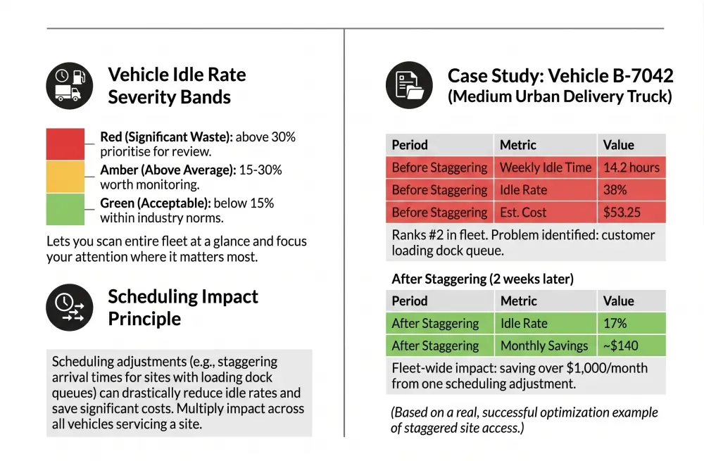 Colour-coded idle rate severity bands showing green, amber, and red thresholds