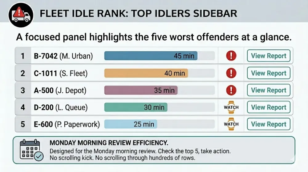 Top 5 worst idling vehicles sidebar panel with idle time and threshold breach indicators