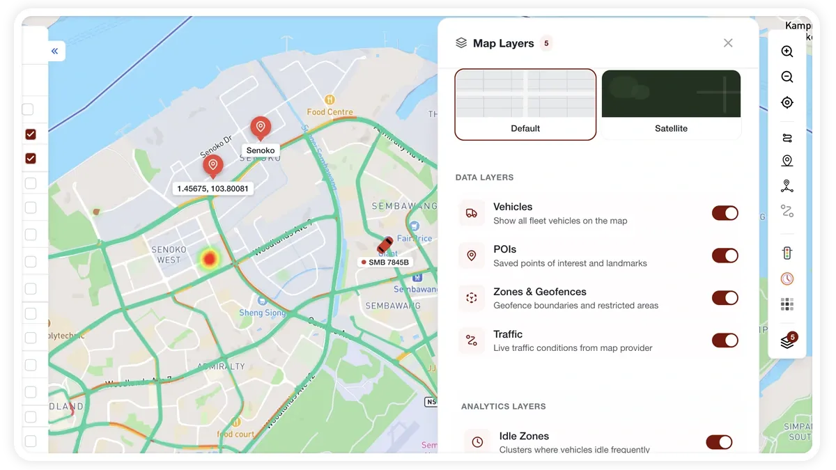 MapView Map Layers panel showing roadmap and satellite styles with vehicle, POI, zone, traffic and analytics toggles.