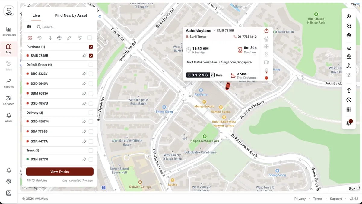 الخريطة في AVLView تعرض مواقع المركبات المباشرة على خريطة