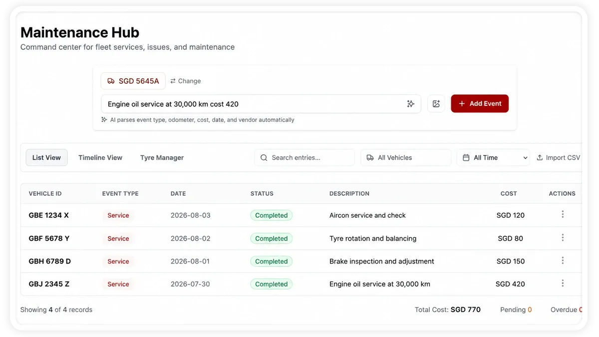 AVLView Maintenance Hub list of service events with AI Smart Input.