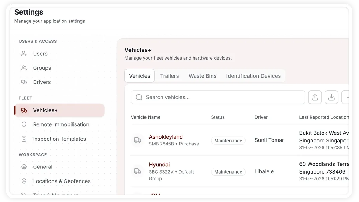 Manage Vehicles option highlighted in Settings