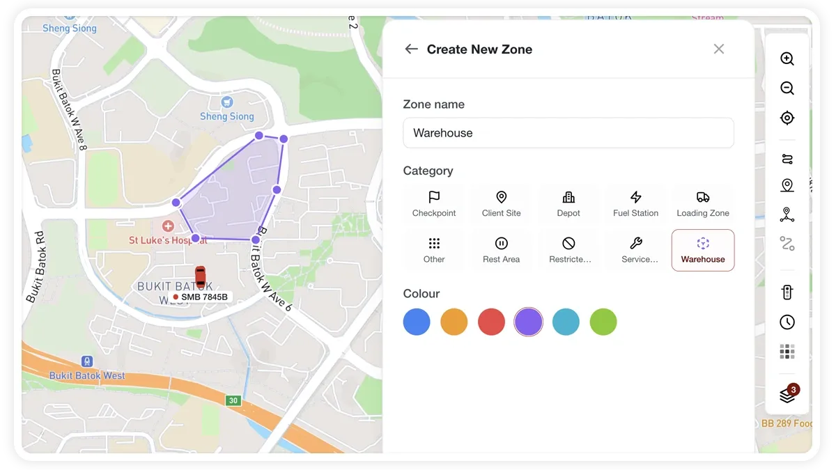 MapView drawing a polygon geofence with name, category, colour and Watch options.