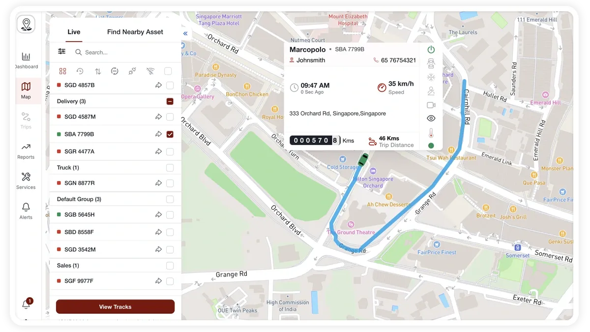 MapView Live tab showing a fleet list with status dots and a live track card displaying speed, address, and sensor icons.