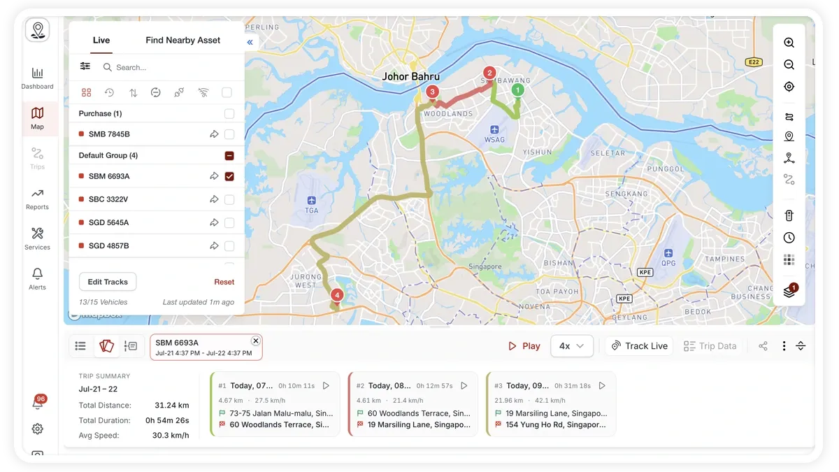 خريطة الأسطول الحية في AVLView MapView مع الشريط الجانبي وشريط الأدوات الأيمن وشريط الرحلات.