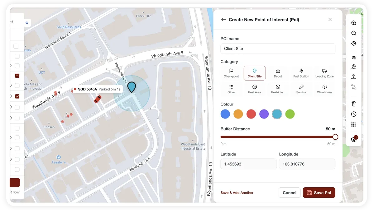 MapView point-of-interest panel with a pin on the map, category and colour options and a buffer-radius slider.