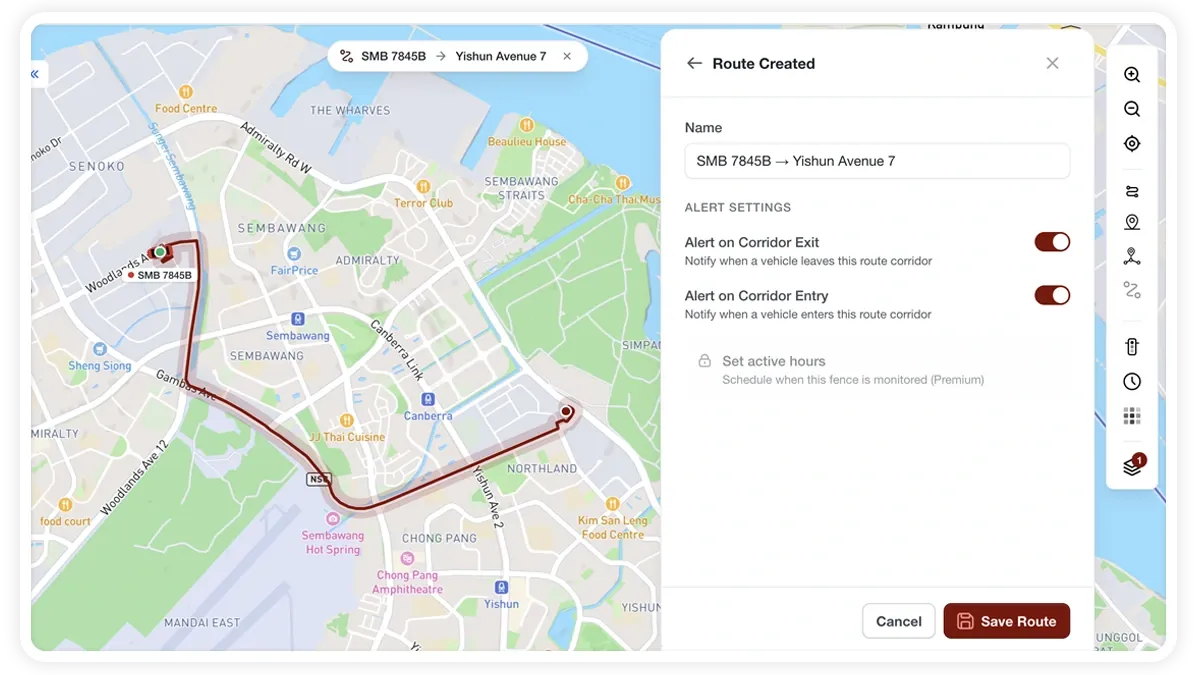MapView route fence being drawn as a corridor between two addresses with name and alert-on-exit and alert-on-entry options.