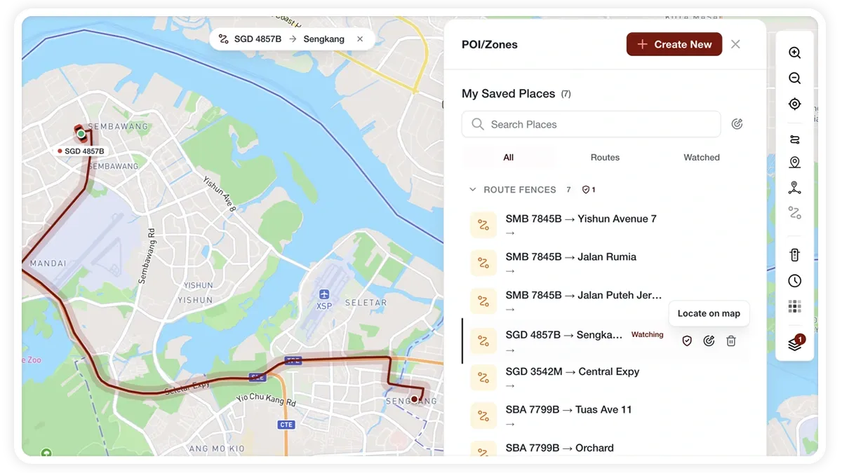 MapView Saved Places list with search, filter pills, and per-place hover actions.